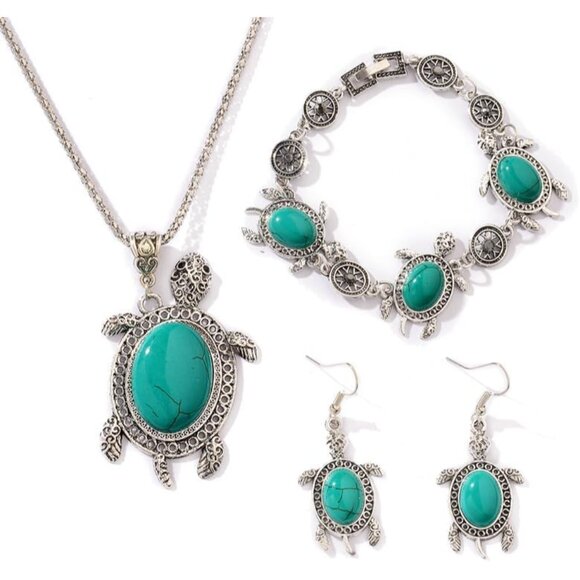Elegant Bohemian Turtle Turquoise Earrings, Bracelet & Necklace Set - 3 Items - Picture 5 of 5